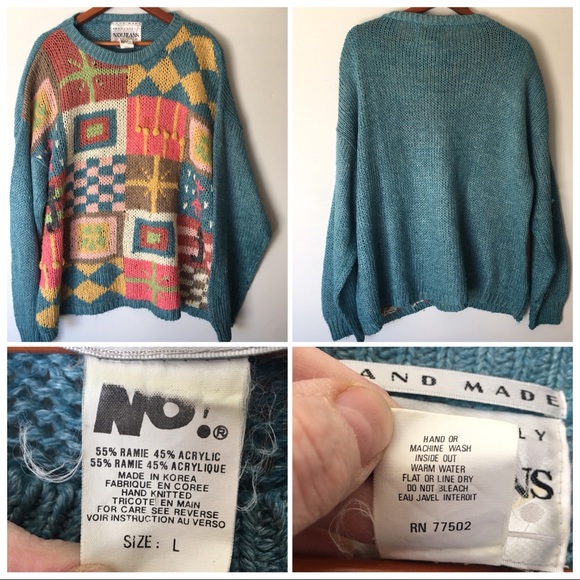 Vintage 80’s multi-colour Hand Knit Sweater XL - Picture 6 of 8